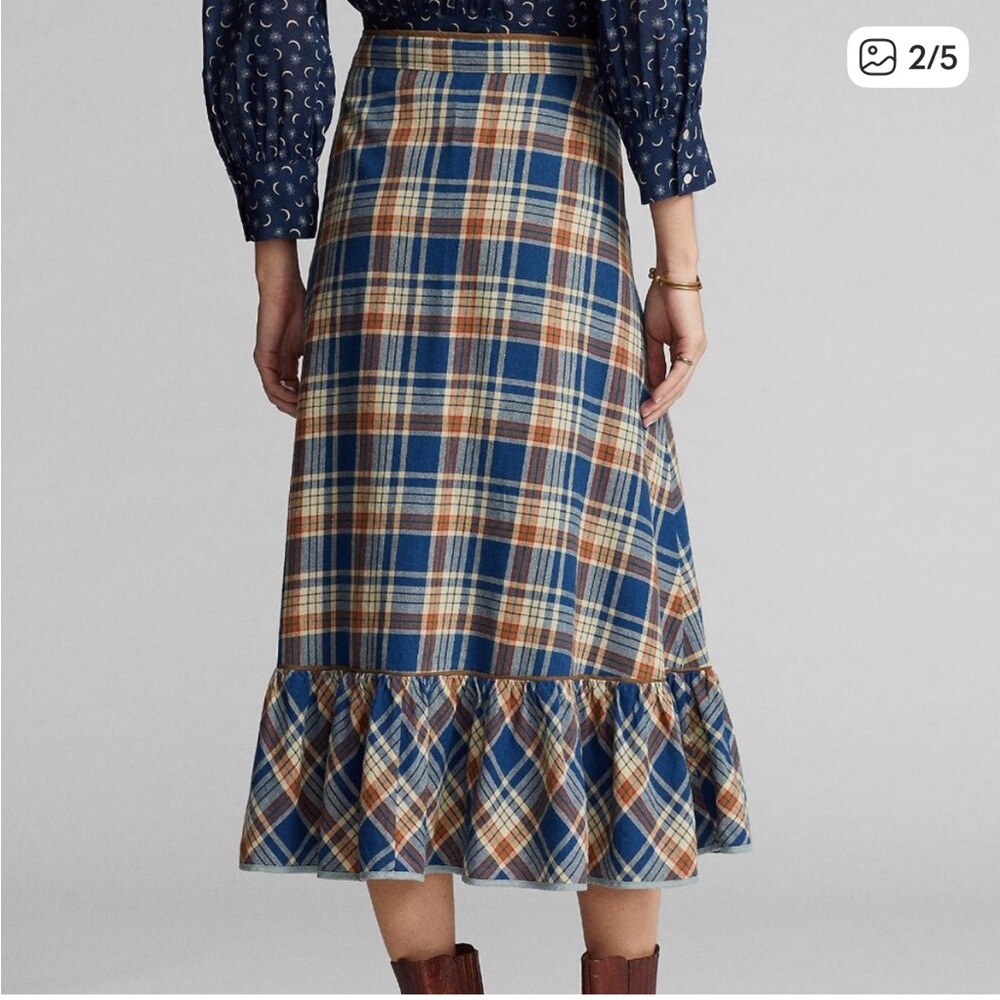 Ralph Lauren Double RL Blue Plaid Midi Skirt with Brown and Cream - Picture 2 of 6